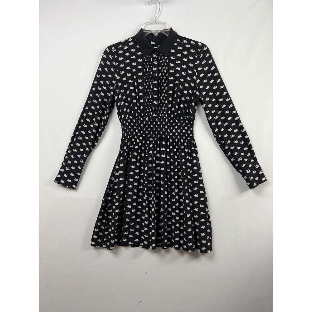 Kate Spade Swan Print Dress Womens Small Black Silk Blend Smocked Mini Pintuck